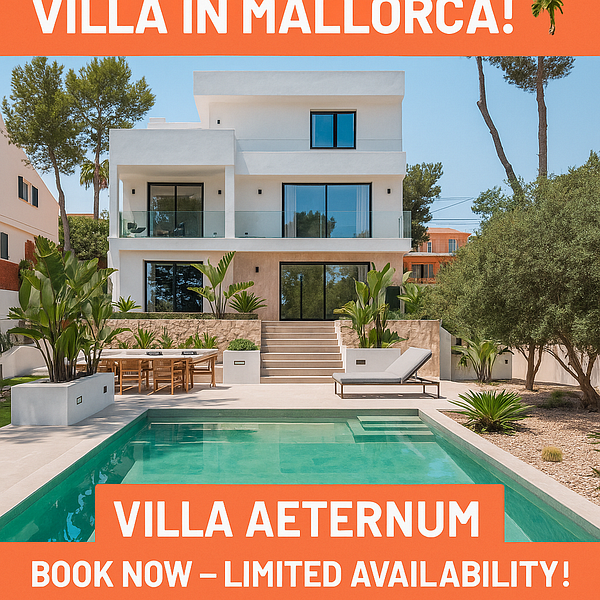 A modern villa in Mallorca featuring a pool and lush landscaping.