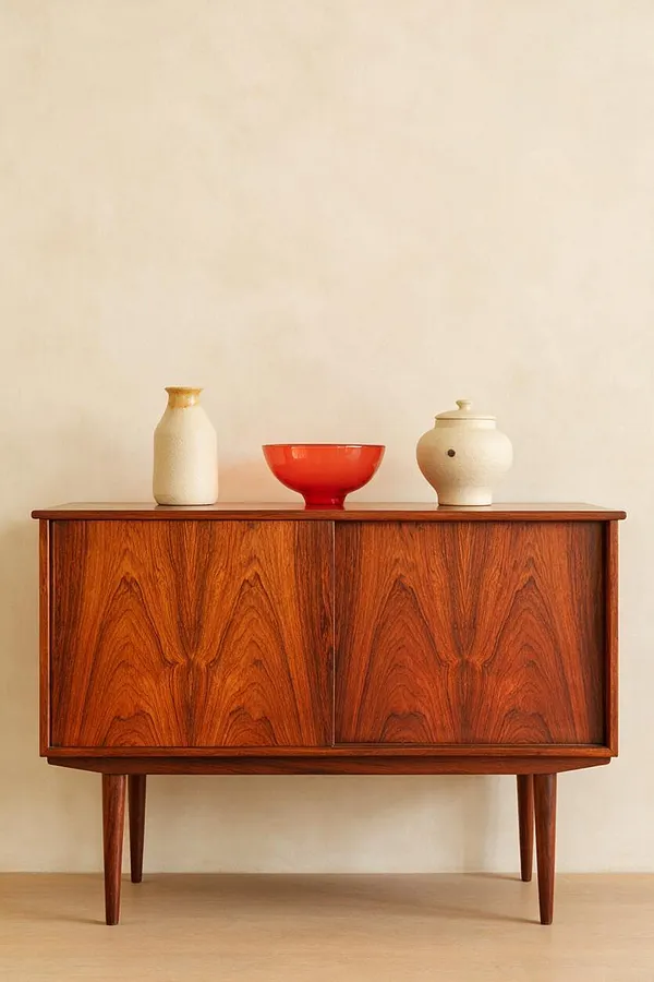 A mid-century modern rosewood sideboard with tapered legs stands against a plain cream wall. Three ceramic vessels sit on top, including a bright red bowl centered between two cream-colored jars, creating a simple, balanced composition.