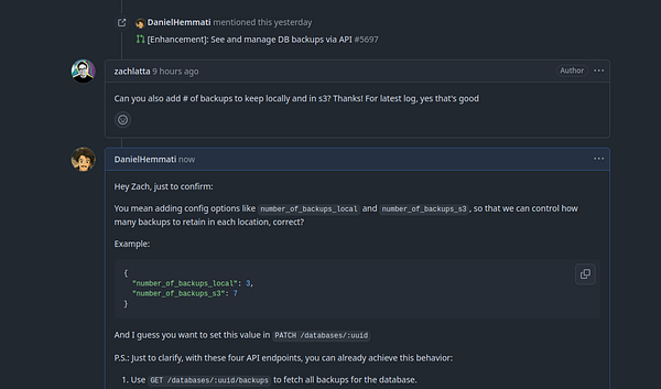 A conversation on GitHub discussing database backup configurations.
