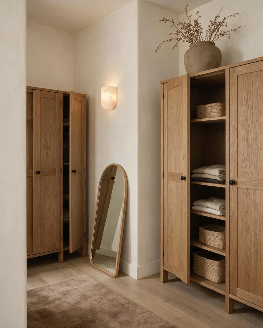 A serene closet with tall oak wardrobes on both sides, one open to reveal neatly folded clothes and woven storage baskets. A curved floor mirror leans against a cream wall beside a soft wall sconce, while a sculptural vase with dried branches sits on top of the right cabinet over light wood floors and a plush neutral rug.