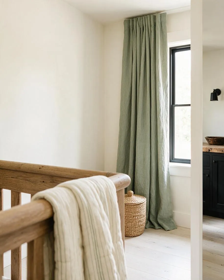 A bright farmhouse corner with creamy white walls, a tall window dressed in muted sage linen curtains, and a woven lidded basket on pale wood flooring. In the foreground, a natural oak rail is draped with a striped cream textile, while a black metal wall sconce and dark cabinetry peek in from the adjacent room.