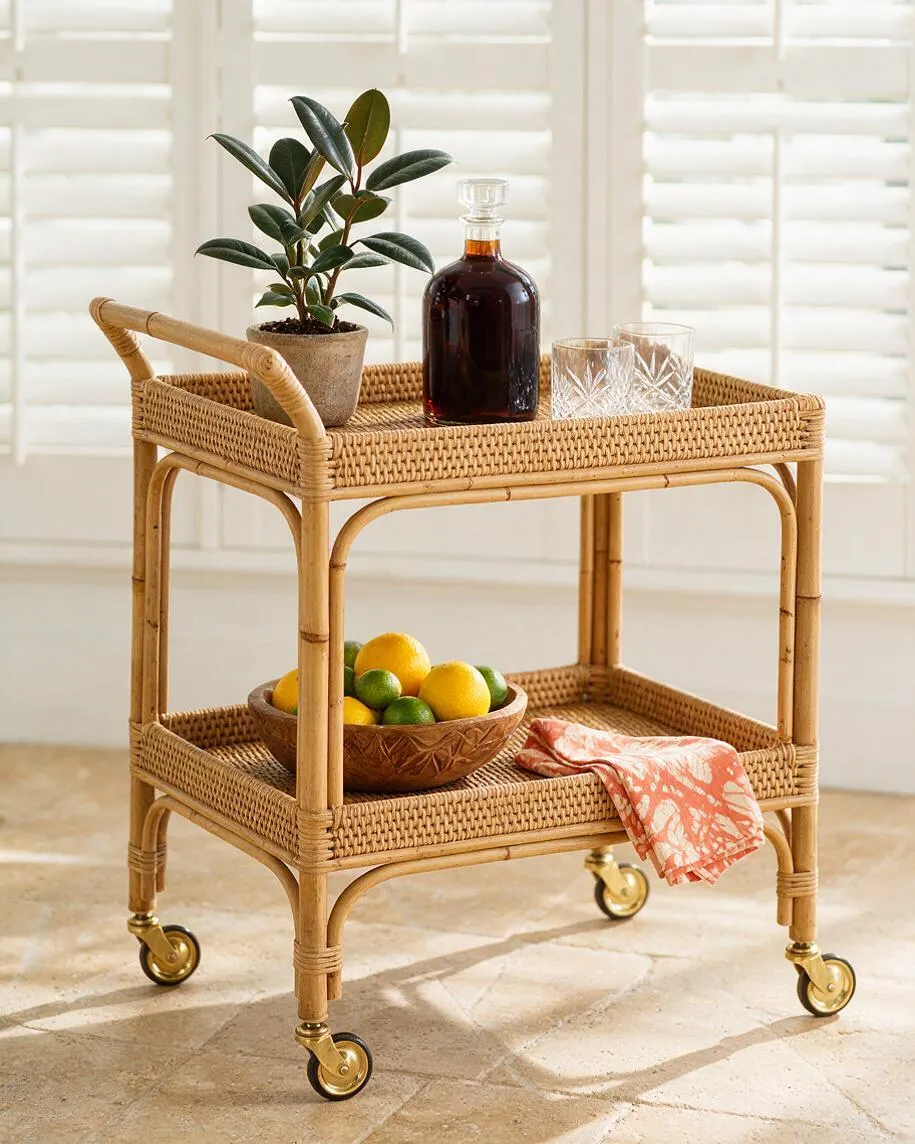 A tropical-inspired rattan bar cart sits in front of white window shutters. It is styled with a potted green plant, a dark glass decanter, crystal tumblers, a bowl of lemons and limes, and a coral patterned napkin draped on the lower shelf.