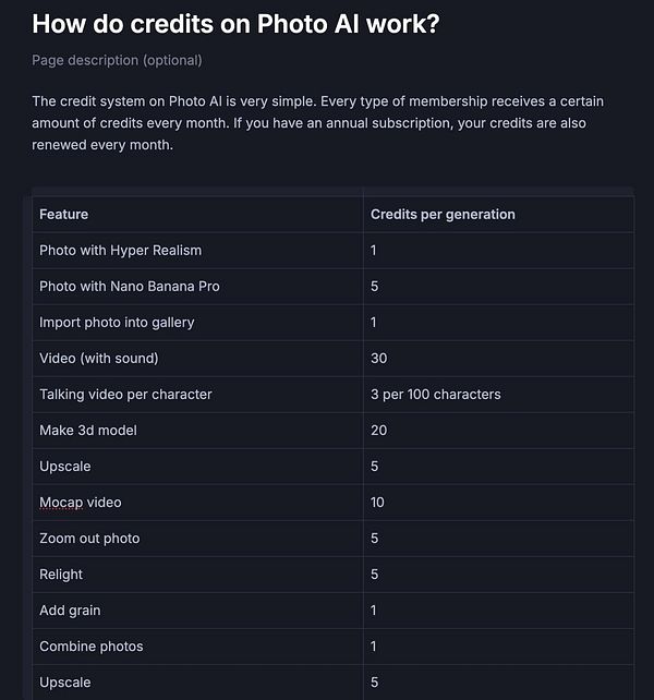 Screenshot of the PhotoAI FAQ page displaying pricing information in credits and related subscription details.