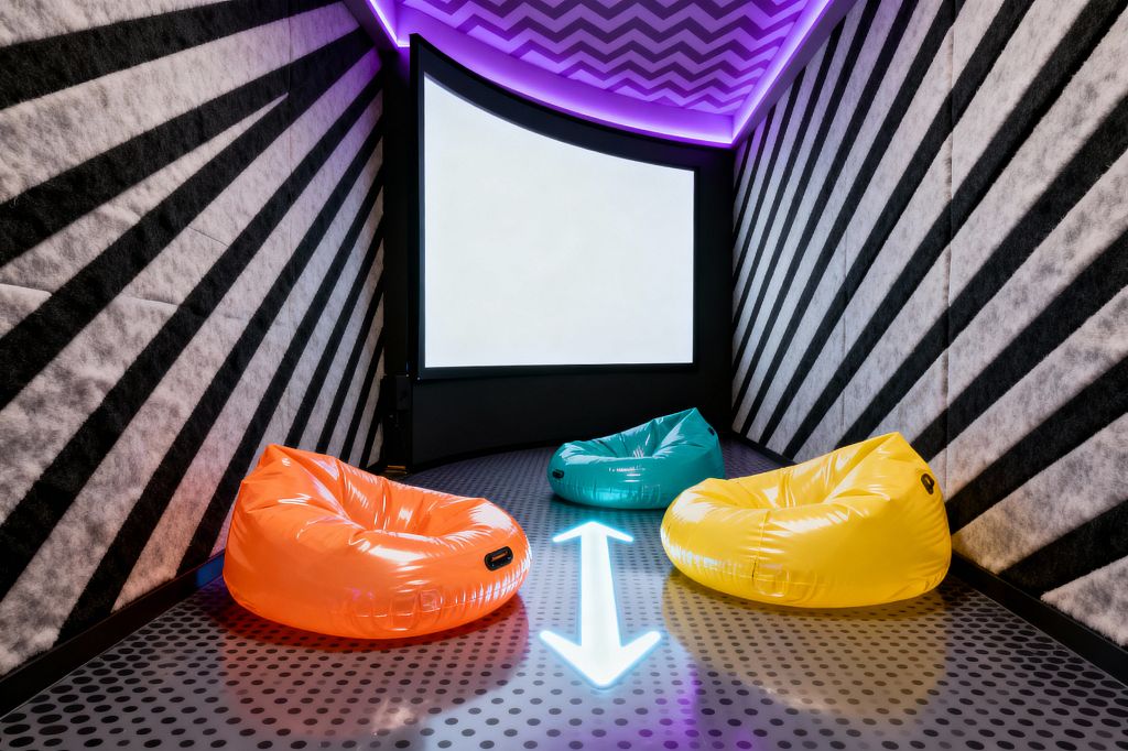 A compact media room features a large projection screen framed in black, flanked by walls clad in black-and-white diagonal acoustic panels and a chevron-patterned ceiling. Purple LED cove lighting glows overhead, while a perforated metal floor shows a luminous white arrow graphic. Three glossy inflatable beanbag chairs in bright orange, teal, and yellow form a casual seating cluster in the foreground within the bold, high-contrast space.