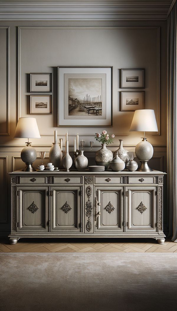A beautifully styled sideboard in a cozy dining room, showcasing a mix of decorative vases, framed photos, and a pair of elegant lamps on top, with the doors slightly open to reveal neatly organized tableware inside.