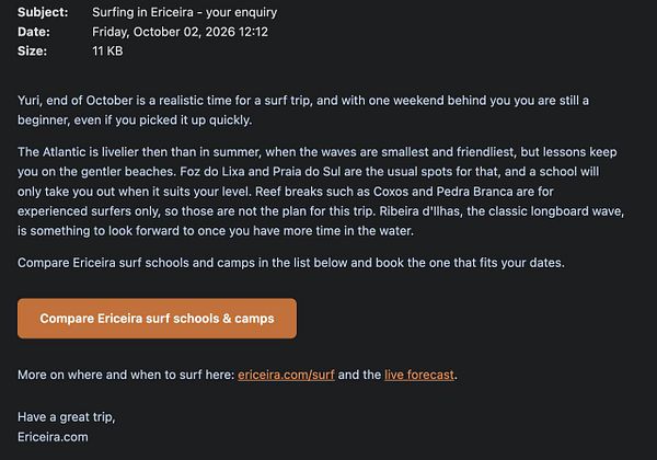 Email response providing surfing advice in Ericeira with suggestions on surf spots, schools, and camps along with booking instructions.