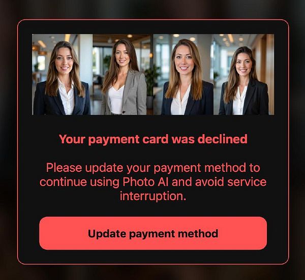 A notification alerting users about a declined payment card with a prompt to update their payment method.