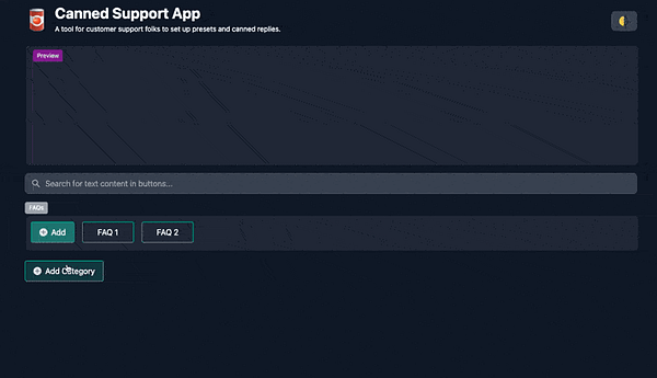 The image displays a user interface for the Canned Support App, showcasing the process of adding categories and FAQs.
