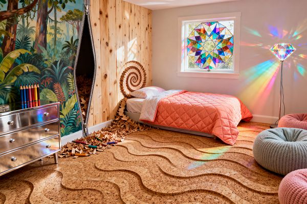A whimsical kids’ bedroom features a carved cork floor with wavy relief, a low single bed with a coral quilt, and a spiral headboard made from curled wood shavings that trail onto the floor. One wall holds a jungle mural opened by a giant zipper to reveal knotty pine planks, while a mirrored three-drawer dresser, oversized colored pencils, pastel knit poufs, and a window and diamond-shaped floor lamp with stained-glass facets scatter rainbow light across warm white walls.