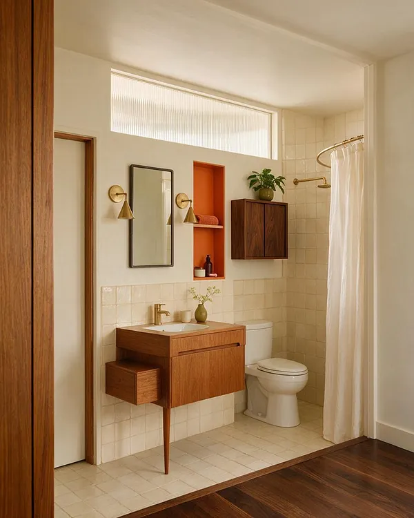 A master bathroom with a warm mid-century modern look, featuring a walnut floating vanity, brass sconces, a small wall mirror, cream square tile, and a white toilet beside a shower with a white curtain. An orange recessed niche and a potted plant add color and softness under a high frosted window.