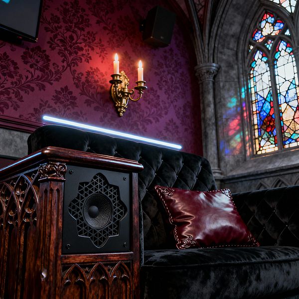 A richly detailed Gothic-style media room shows deep burgundy damask walls with a brass two-arm candle sconce above a tufted black velvet sofa holding a glossy oxblood leather pillow. A carved dark-wood armrest contains a decorative speaker, a slim blue LED strip glows behind the seat, and pointed gray stone arches with a stained-glass window cast multicolored light; a wall speaker and a partial TV screen appear above.