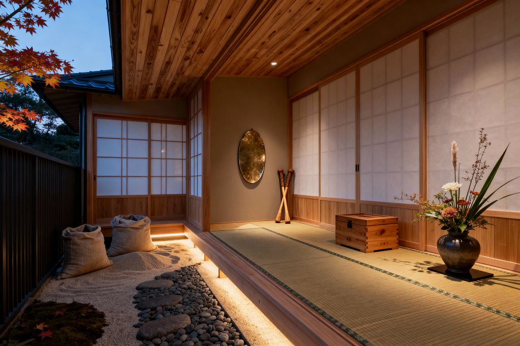 A Japanese-style home gym with a raised tatami platform framed in cedar, underlit with warm LEDs, and enclosed by translucent shoji doors. An oval brass-toned mirror hangs on the wall and two wooden Indian clubs lean in the corner. Beside the platform is a dry garden of raked sand, river stones, and moss with burlap sacks. A small cedar chest and a dark glazed vase holding an ikebana arrangement sit on the mat at dusk.
