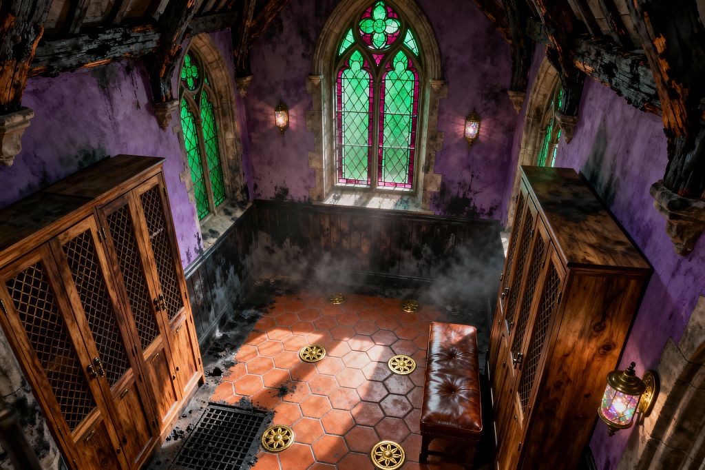 An atmospheric mudroom with Gothic details features pointed-arch stained glass windows in green and magenta set in stone, distressed purple walls, and dark wainscoting. The ceiling shows charred timber trusses, while the floor has hexagonal terracotta tiles dotted with brass medallions and a black grate; two tall wood lockers with lattice doors flank a brown tufted leather bench, and jewel-toned wall sconces add a moody glow with wisps of mist near the baseboards.