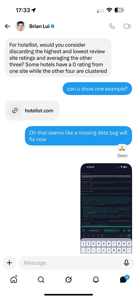 Screenshot of a mobile app showing Trip.com hotel listings with scores and prices, including a visible bug with hotel scores.