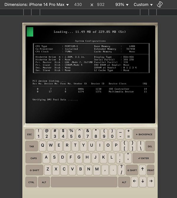 The image displays a retro-style computer interface showing system configurations and loading progress.
