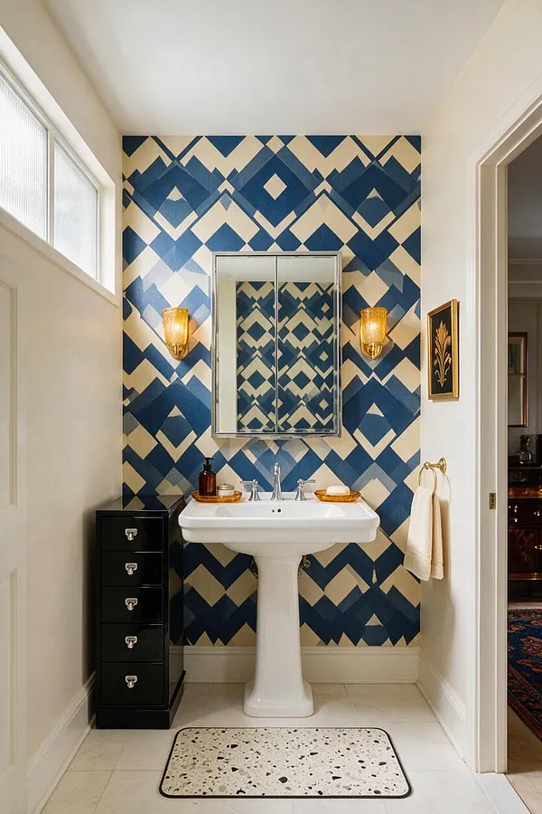 A narrow powder room features a white pedestal sink centered on a bold blue and cream geometric accent wall. A mirrored medicine cabinet, amber glass sconces, a black drawer tower, and a terrazzo-style rug complete the Art Deco-inspired space.