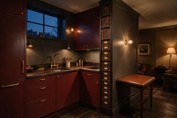 A dimly lit kitchen in dark academia style features burgundy cabinetry, dark wood countertops, and a deep sink beneath a small window. A narrow built-in shelf filled with old books divides the kitchen from an adjoining room, while brass hardware, warm sconces, and a leather-topped stool add a scholarly, vintage feel.
