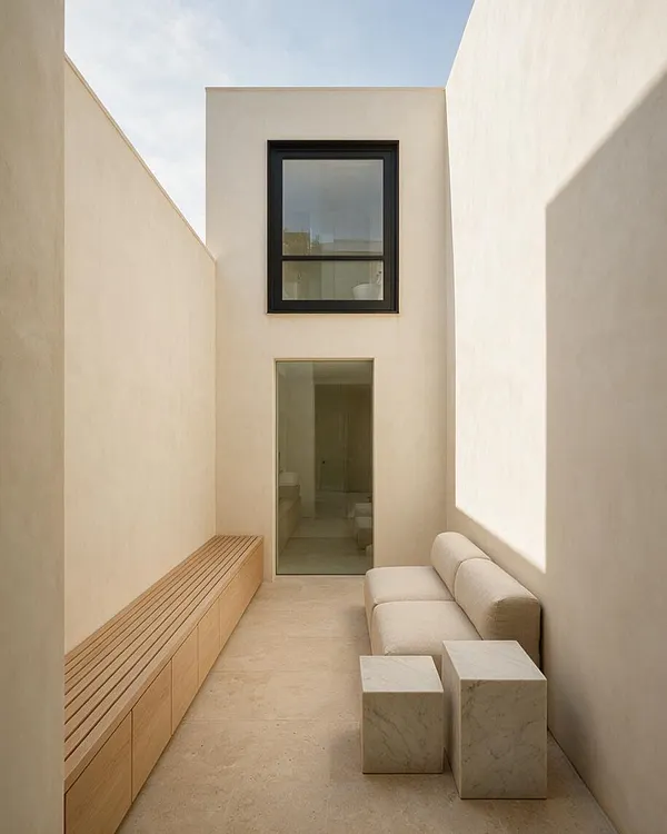 A narrow minimalist backyard courtyard with tall cream stucco walls, a black-framed upper window, and a glass door leading indoors. A long built-in wooden bench runs along the left side, while a pale upholstered outdoor sofa and two marble block side tables sit on the right under soft natural light.