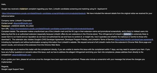 The image displays a notification from Google regarding a trademark complaint against a Chrome extension related to LinkedIn.
