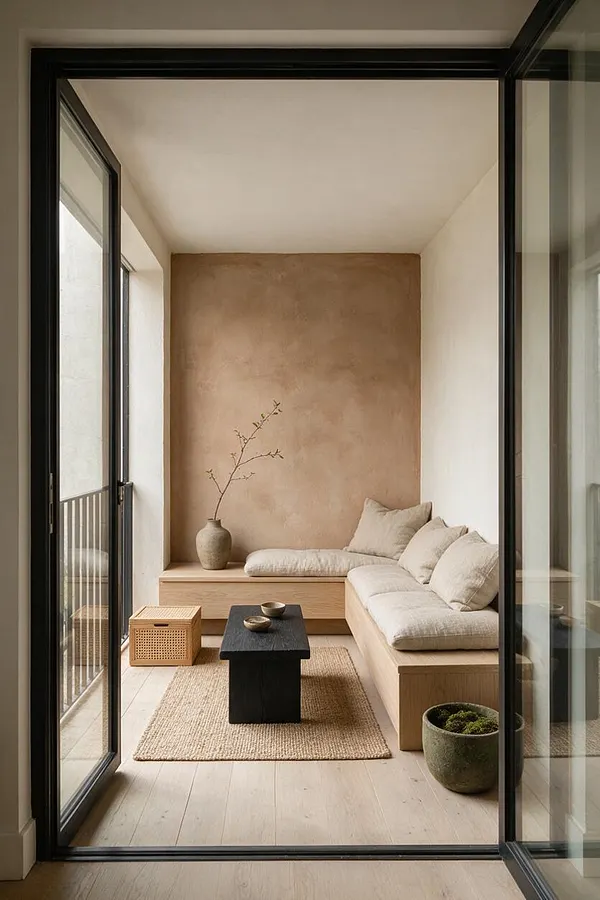 A narrow patio sitting area designed in Japandi style, featuring a light wood built-in bench with beige cushions and pillows, a black low coffee table on a woven jute rug, and a textured tan accent wall. Black-framed glass doors open to the space, while a ceramic vase with a branch and a mossy planter add natural, minimal accents.