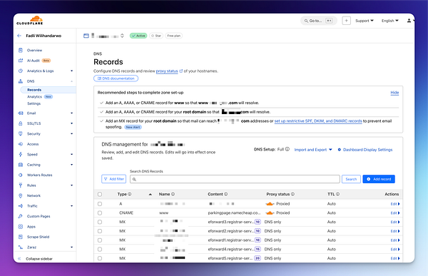 The image displays a Cloudflare dashboard focused on DNS records management.