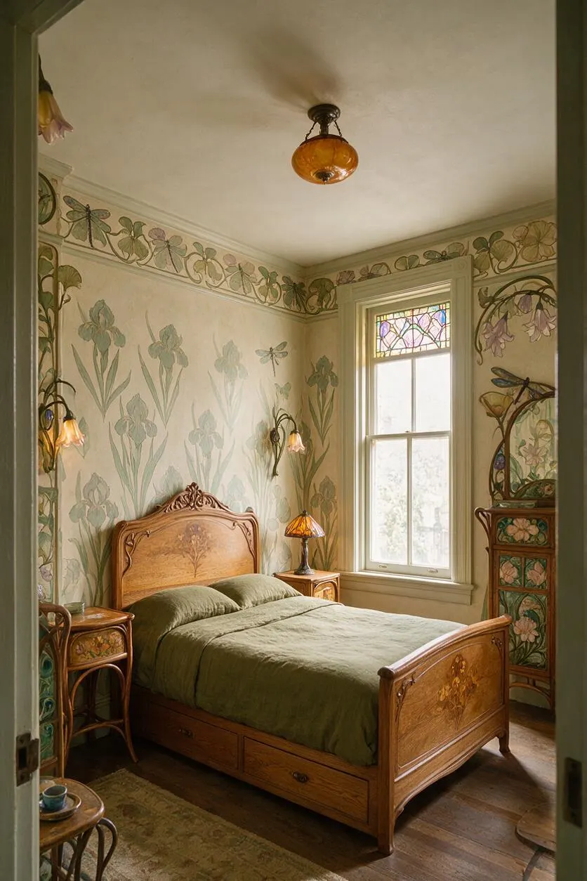 A cozy master bedroom in Art Nouveau style with a carved wooden bed, olive green bedding, and hand-painted floral wall motifs. A tall window with stained glass detail brings in soft light, while matching wooden nightstands, a stained-glass lamp, and an ornate dresser complete the room.