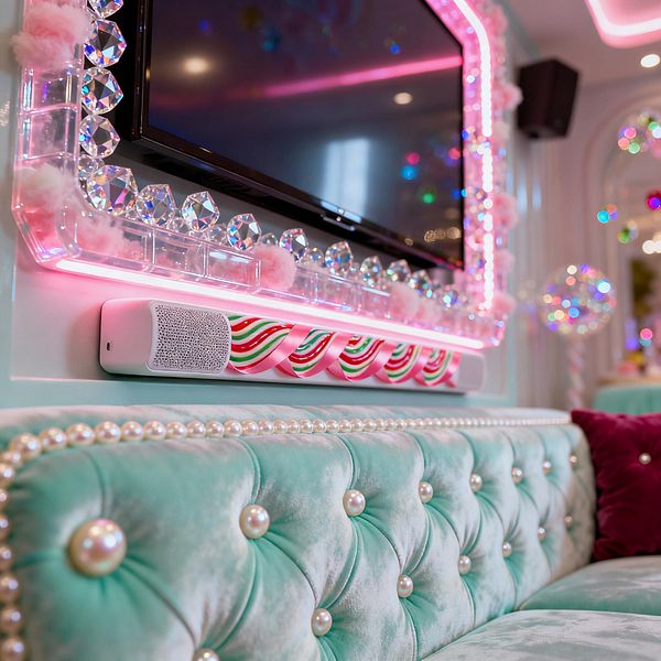 Close-up of a candy-themed media room showing a wall-mounted flat-screen within a clear acrylic frame edged with faceted crystal gems and pink LED lighting, dotted with fluffy pink pom-poms. A white soundbar wrapped in red, green, and pink candy-cane ribbon sits below, while a tufted mint velvet sofa with oversized pearl buttons and a pearl-beaded top rail fills the foreground; colorful bokeh lights glow across pastel walls and mirrored arches.