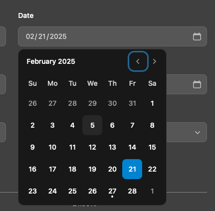 A date selection interface displaying February 2025 with the date 21 highlighted.