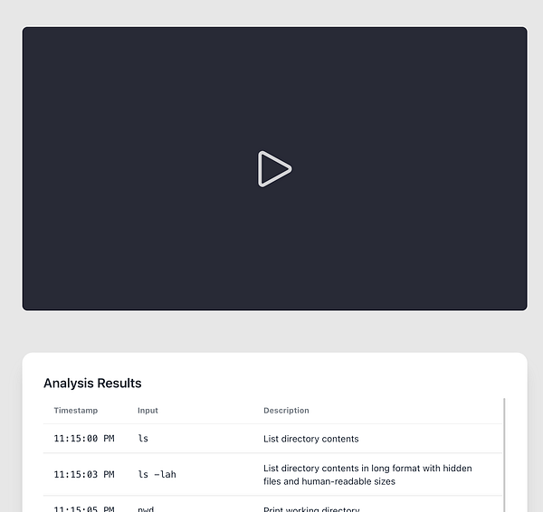 The image features a web player interface with a play button and a section displaying command analysis results.