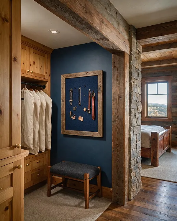 A rustic walk-in closet with warm pine cabinetry, cream garment bags on a hanging rail, and a blue fabric pinboard framed in weathered wood. Exposed timber beams, a stone column, and a cushioned bench add texture, while an open doorway reveals a matching wood bedroom beyond.