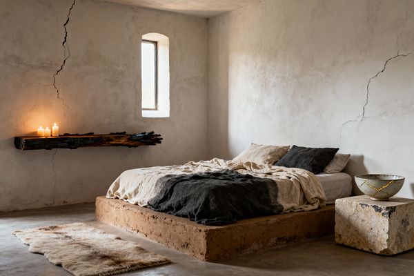 A serene Wabi-Sabi bedroom features a low bed on a clay platform with beige and charcoal linen against hand-troweled, cracked plaster walls. A narrow arched window brings soft light, a floating charred wood shelf holds lit candles, and a rough stone block nightstand supports a ceramic bowl repaired with gold kintsugi lines; a small sheepskin rug lies on the concrete floor.