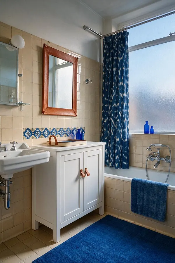 A compact eclectic bathroom with beige square tile walls, a white pedestal sink, and a small white vanity with leather pull handles. A warm brown-framed mirror, blue patterned curtain, frosted window, and vivid blue rug and towels add color against the neutral backdrop.