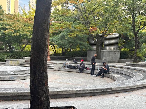 A group of skaters is gathered in a park-like setting, preparing for a skate video shoot.