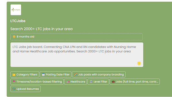 The image displays a job board interface for LTCJobs, focusing on long-term care job opportunities.