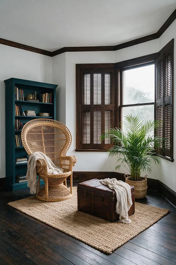 A cozy studio apartment corner with a rattan peacock chair, teal built-in bookshelf, dark wood shutters, and a large potted palm by the window. A woven jute rug and vintage trunk add natural texture over dark hardwood floors.