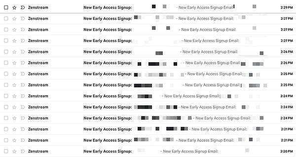 The image displays a list of email signups for Zenstream's early access program.