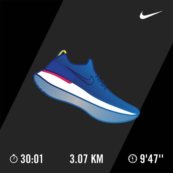 A digital illustration of a blue Nike running shoe with performance metrics displayed.