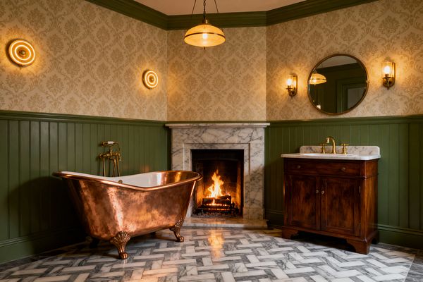 Traditional bathroom featuring a hammered copper clawfoot tub with brass fixtures set against olive-green beadboard wainscoting and cream damask wallpaper. Centered is a white-and-gray marble fireplace with a lit fire. To the right, a walnut vanity with a white marble top and brass taps sits below a round brass-framed mirror. Brass sconces with glass shades and a vintage pendant provide warm light over a gray-and-white herringbone marble floor.