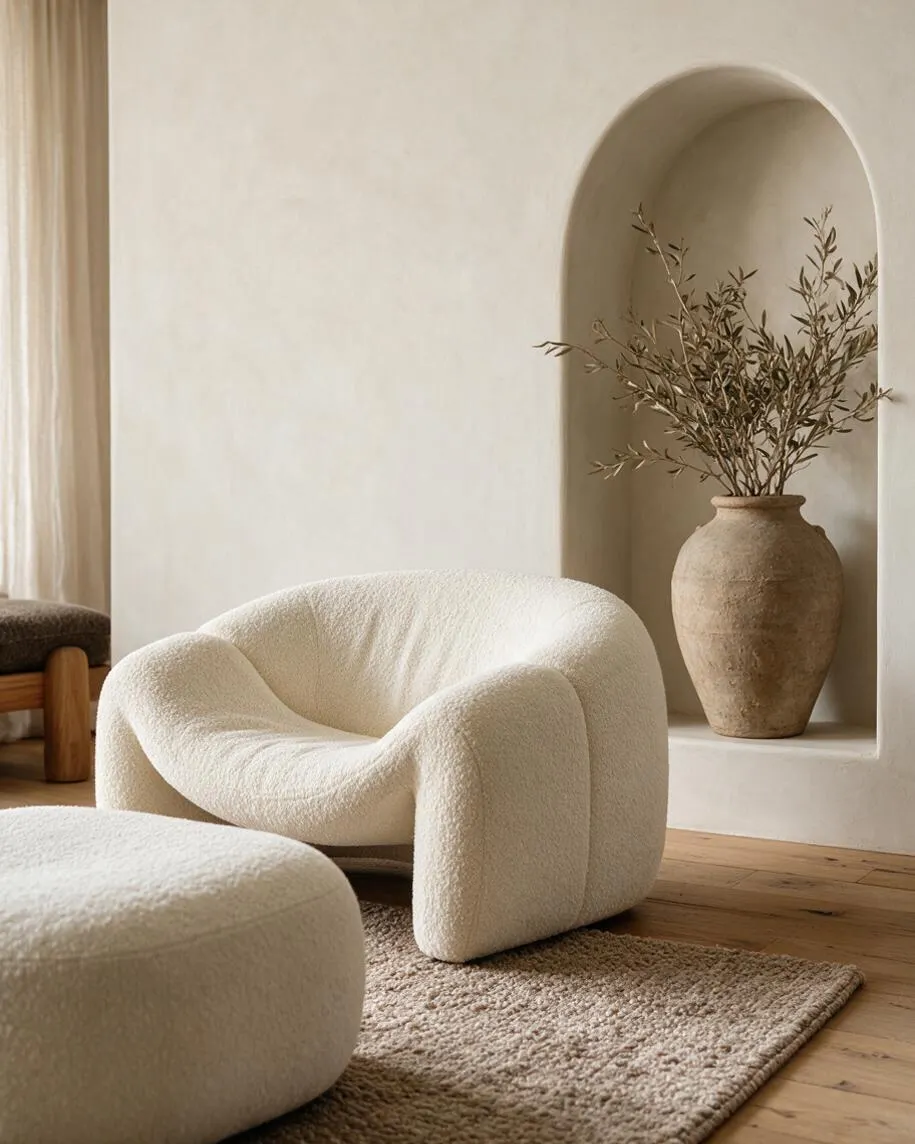 A serene Organic Modern living corner with a sculptural cream boucle lounge chair and matching ottoman on a textured rug. Behind it, a recessed arched niche holds a rustic ceramic vase with delicate branches, while warm wood flooring and soft sheer curtains add natural warmth.