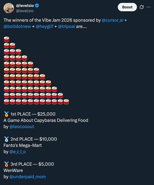 A vibrant promotional graphic announcing the winners of #vibejam 2026 with colorful pixel art characters and bold text.