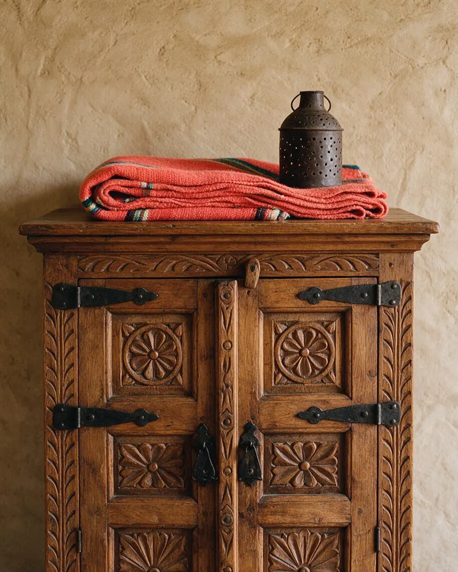 A rustic carved wooden cabinet stands against a textured tan plaster wall. A folded coral-red woven blanket with small stripe accents and a dark perforated metal lantern sit on top, highlighting the Southwestern style.