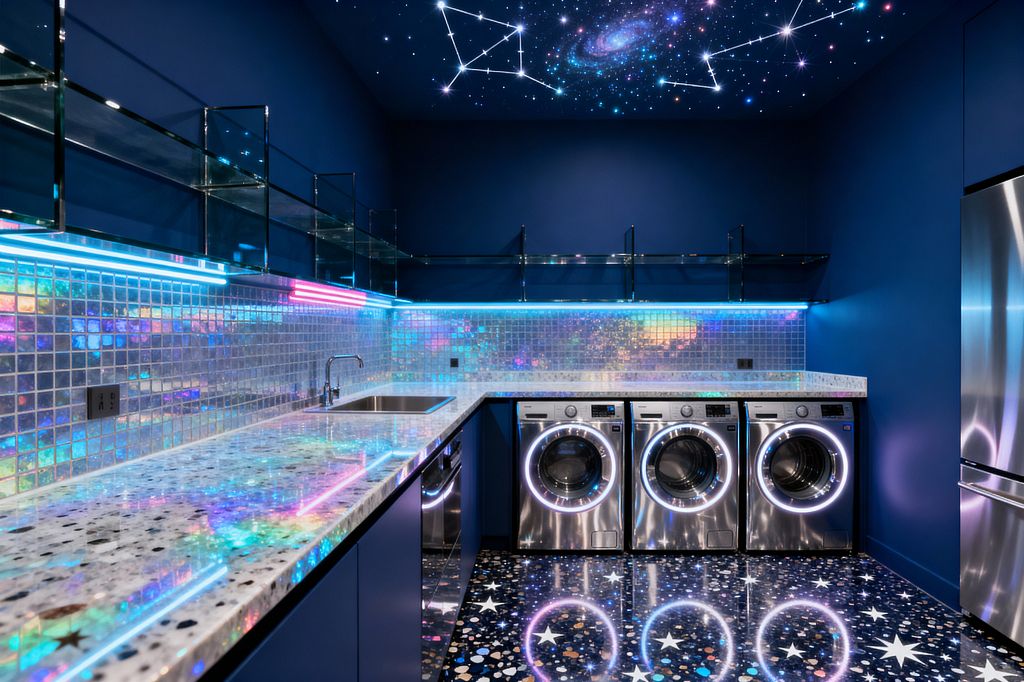 A deep navy laundry room with a U-shaped counter features a stainless sink, four front-loading stainless machines, and a stainless refrigerator at right. The backsplash is made of small iridescent glass mosaic tiles lit by cyan and pink LED strips beneath glass shelves with chrome brackets. A painted galaxy ceiling with constellations tops the space, while a glossy black epoxy floor with white stars reflects the colorful glow.