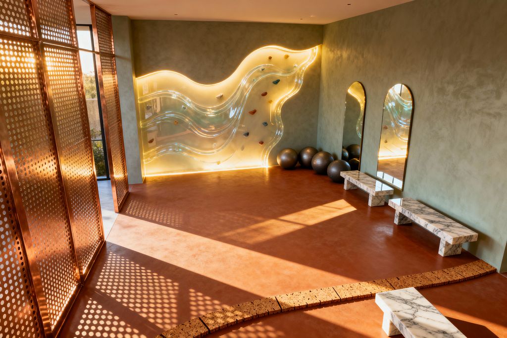 A sunlit home gym with a translucent, wavy acrylic climbing wall backlit by warm LEDs, set against sage green plaster walls. Perforated copper screens flank a window, casting dotted shadows across a terracotta microcement floor. Three arched mirrors with brass trim and white marble benches line the right wall, charcoal exercise balls sit below, and a curved band of cork pavers arcs across the open space.