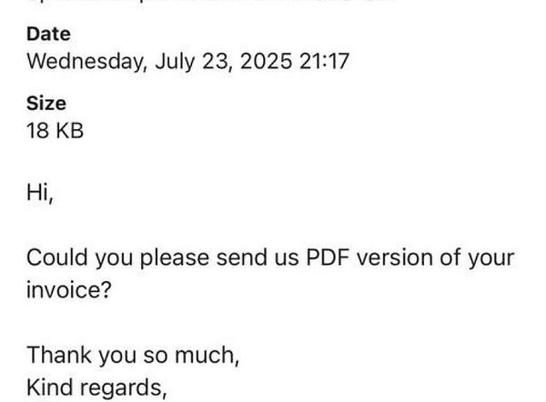 The image displays an email requesting a PDF version of an invoice.