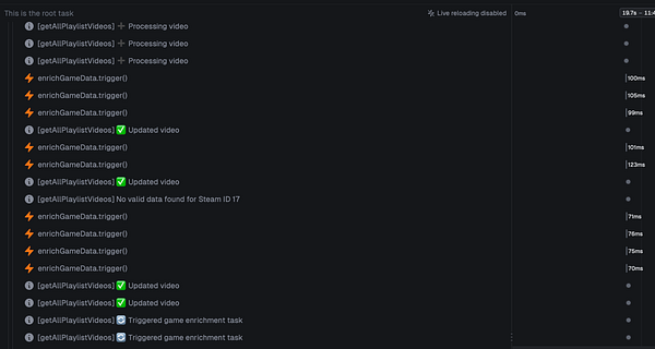 The image displays a task log for a script processing game data, showing various statuses and timestamps.