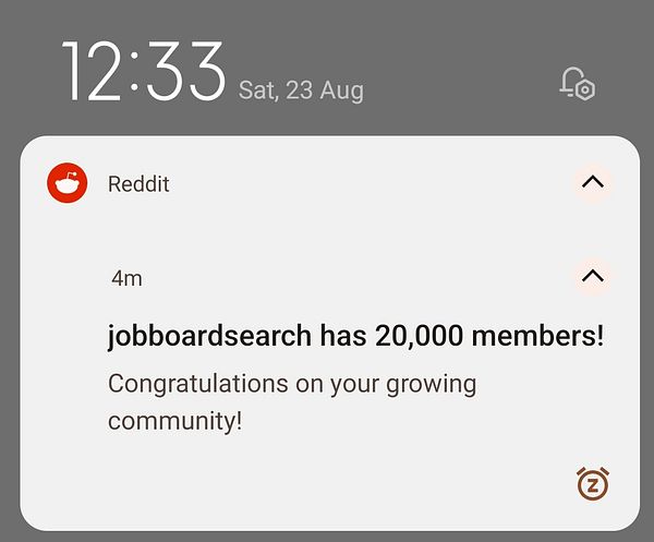 A notification from Reddit celebrating the jobboardsearch subreddit reaching 20,000 members.
