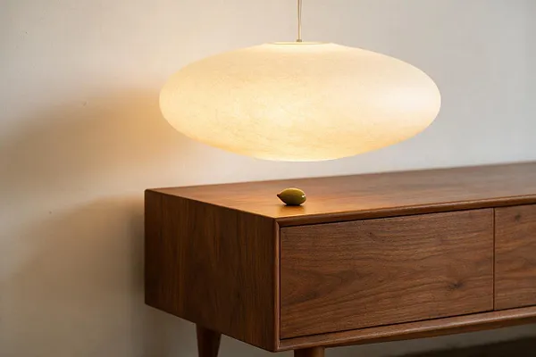 A warm mid-century modern interior scene showing a walnut sideboard with tapered legs beneath an oversized oval pendant light. The wood grain, clean lines, and soft cream lamp shade create a calm, minimalist atmosphere.
