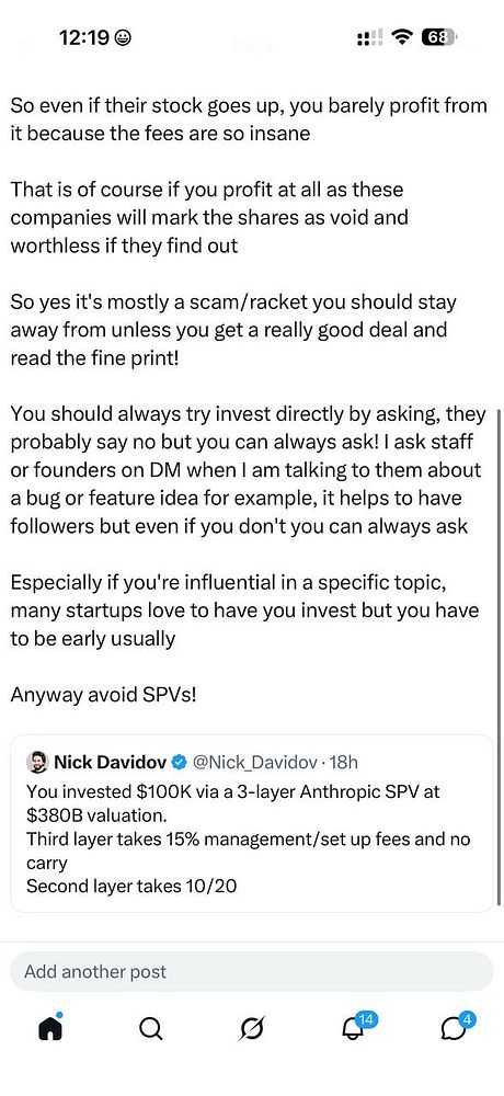 Screenshot of a Twitter post showing a reply conversation about superfluous vehicles (SPVs) investing in big startups.