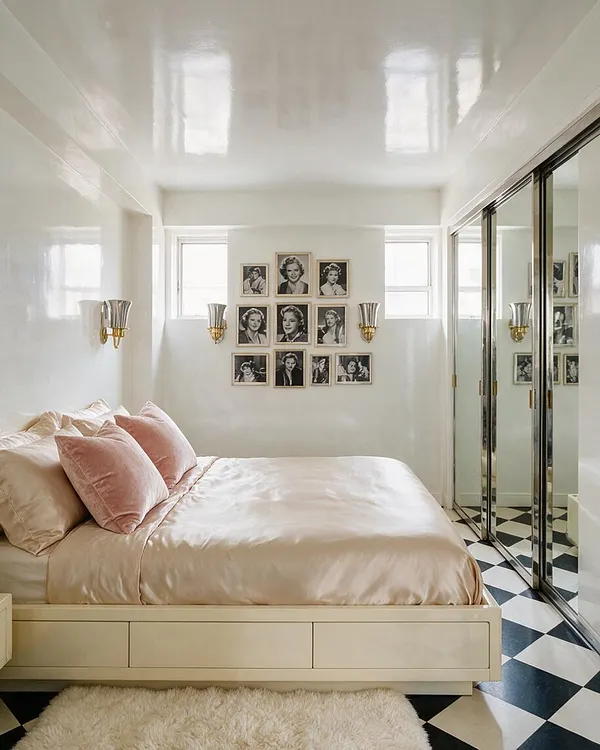 A bright Hollywood Regency master bedroom with a cream upholstered bed, satin blush bedding, and a wall of framed black-and-white celebrity portraits. Brass wall sconces, mirrored closet doors, and a black-and-white checkerboard floor add glam contrast to the glossy white walls and ceiling.