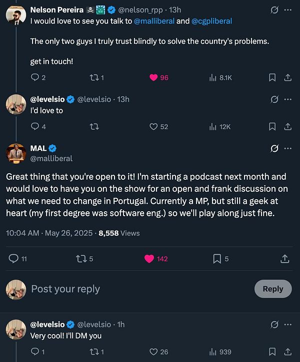 A Twitter conversation discussing an invitation to participate in a podcast about issues in Portugal.